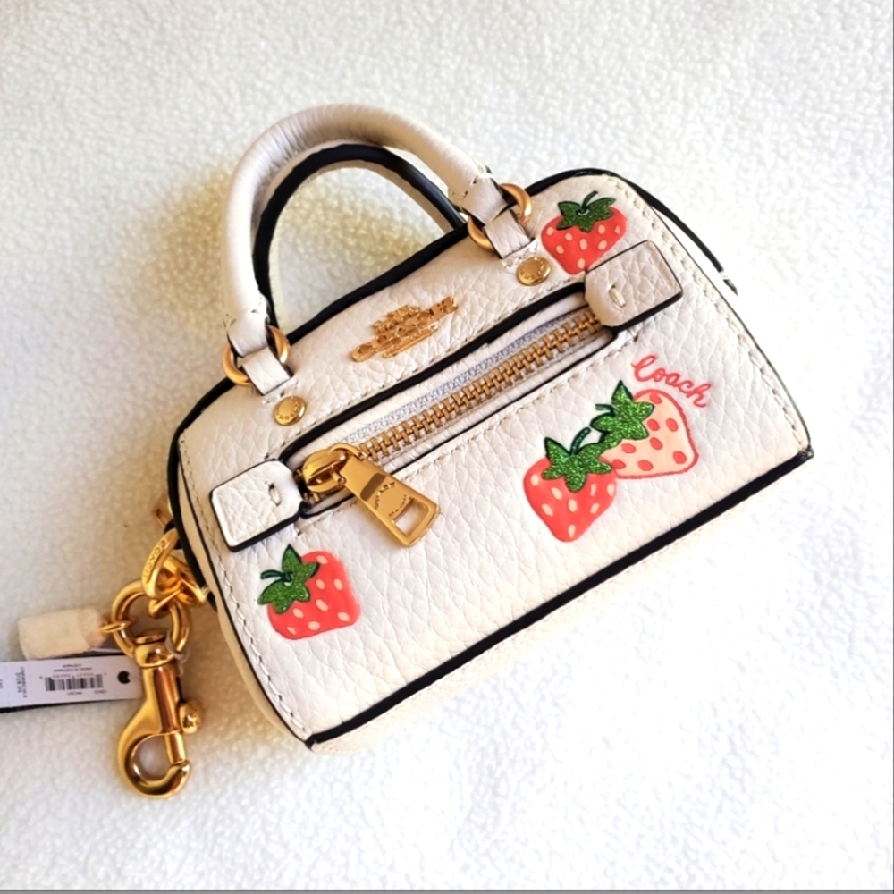 COACH Mini Rowan Satchel Bag Keychain Charm With Strawberry Print NWT